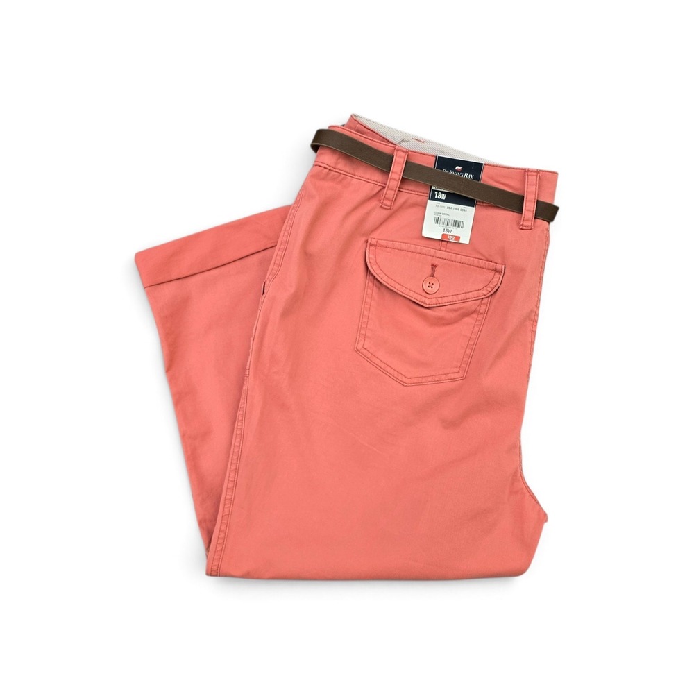 St Johns Bay Womens Comfort Waist Chino Crop Pants Dark Coral 18W NWT Belted